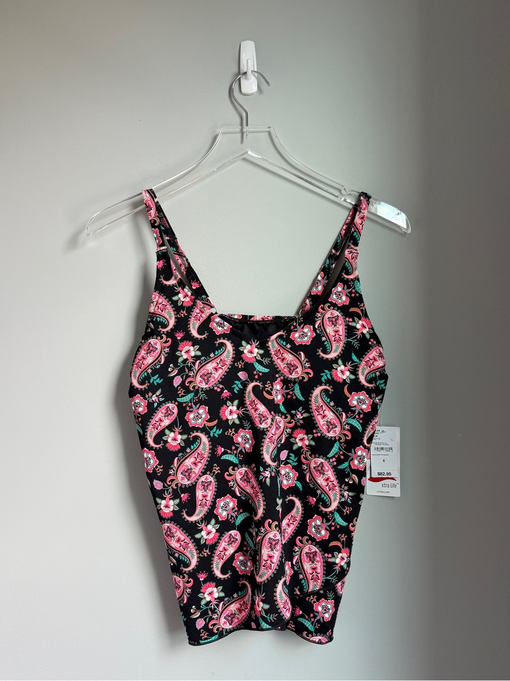 Lands’ End Swim Top Tankini Tank Black Pink Multi Paisley Small Lycra New